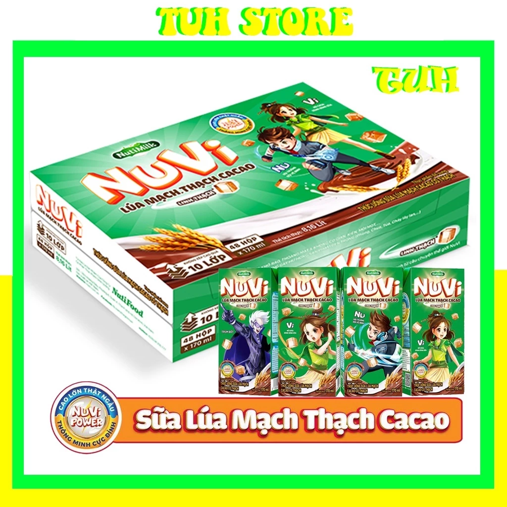 Thùng 12 Lốc Sữa Lúa Mạch Thạch Cacao Nuvi 170ml Giúp Bé Phát Triển Trí Não, Chiều Cao Cho Bé