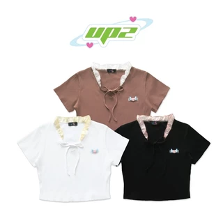 UPZ Áo Thun Gân Croptop Cổ Viền Bèo Dây Nơ Y2K (3 Màu)