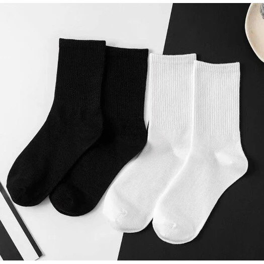 1 Đôi Tất Cotton Cổ Cao Unisex Trơn Đen Trắng