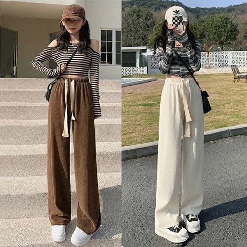 Quần Nhung Tăm Ống Rộng Nữ Phối Dây Rút Phong Cách Ulzzang Siêu Xinh 85