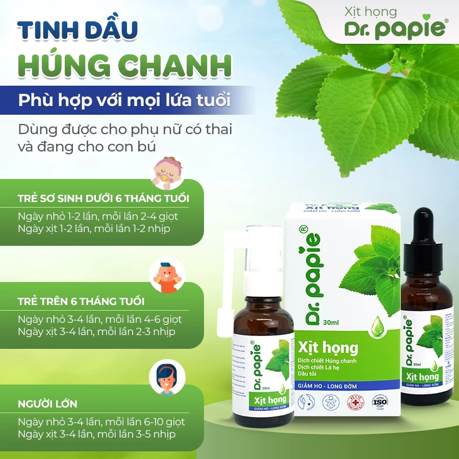 Xịt Họng tinh dầu Húng chanh Dr.Papie cho Bé 30ML - Giảm Ho đau rát họng , Tăng Sức Đề Kháng DR PAPIE