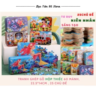 Đồ chơi bộ tranh xếp hình, ghép hình bằng gỗ 60 mảnh puzzle có hộp thiếc 25 Chủ đề cho bé luyện tập trung sáng tạ