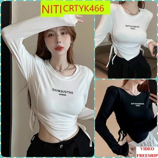 [CRTYK466] ÁO CROPTOP KIỂU LỬNG NỮ CỔ TRÒN DÀI TAY IN CHỮ DVHRSUDTNS DÂY RÚT 2 BÊN LAI NHỌN MÀU TRẮNG ĐEN CHẤT THUN BORI