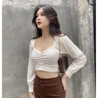 Áo croptop nữ tay dài HHVINTAGE kiểu nhún ngực thun co giãn A06