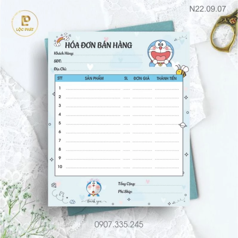 Set 50 tờ hoá đơn bán hàng - hoá đơn bán lẻ mẫu Doremon dễ thương 16×21cm