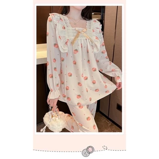 Bộ đồ ngủ Pyjama dài mềm mại cổ vuông nơ ren nhiều mẫu