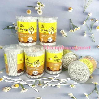 Tăm Bông Đầu Nhỏ Cho Bé 120 QUE COTTON BUDS HỘP TRÒN XOAY BÔNG BẠCH TUYẾT