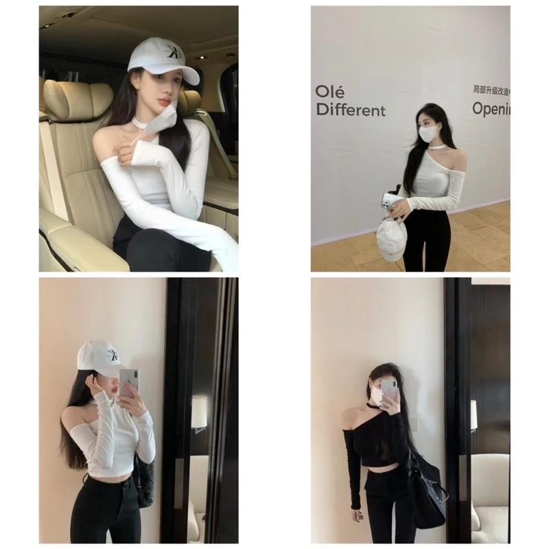 Áo kiểu thun croptop tay dài lệch một bên vai phối cổ cá tính cho nữ