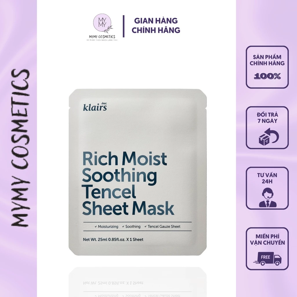 Mặt Nạ Giấy Dưỡng Ẩm Dear Klairs Rich Moist Soothing Tencel Sheet Mask Chất Tencel Mỏng Nhẹ Làm Dịu Da 25ml