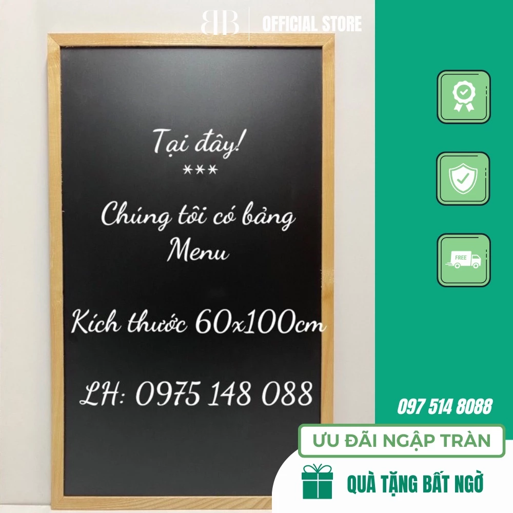 Bảng menu đen khung gỗ, KT: 60x100cm - Tặng kèm đủ phụ kiện ( Hàng sẵn)