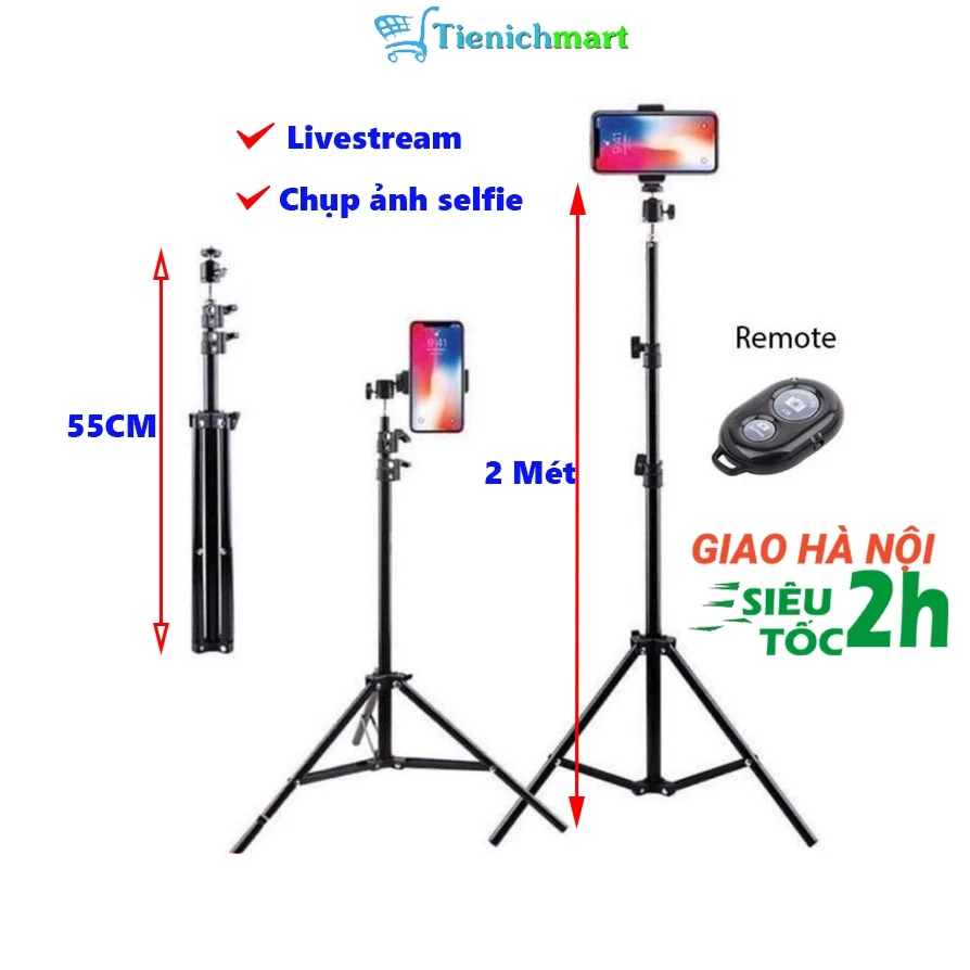 Chân đỡ kẹp điện thoại livestream chụp ảnh tự sướng, quay video tiktok đa năng, tripod cao 2 mét có kẹp Vuông