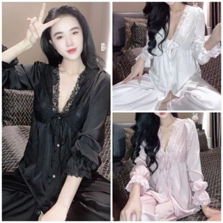 Đồ ngủ pyjama nữ mặc nhà- Chất Lụa Latin phối ren siêu sang - Mẫu tiểu thư tay dài nút ngọc