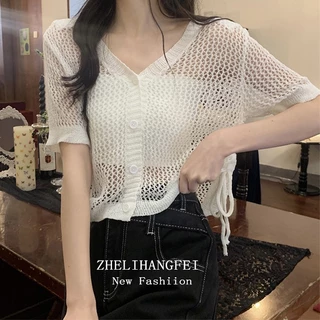 【ZHELIHANGFEI】Áo Cardigan Dệt Kim Tay Ngắn Dáng Rộng Phối Dây Rút Thời Trang Dành Cho Nữ