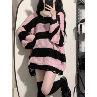 Áo Sweater Dệt Kim Dáng Rộng Họa Tiết Kẻ Sọc Màu Sắc Tương Phản Thời Trang Mùa Thu Cho Nữ Y2g MNG5