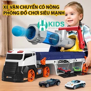 Đồ chơi ô tô tải vận chuyển cỡ lớn có nòng bắn bóng siêu mạnh kèm nhiều ô tô hợp kim có hiệu ứng đèn, nhạc cho bé