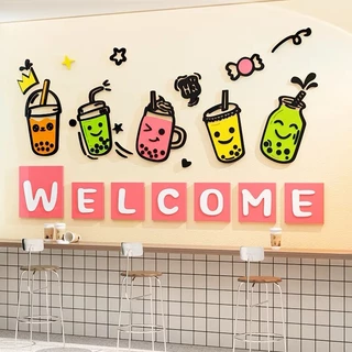 Tranh dán tường mica dán nổi 5 ly trà sữa welcome trang trí quán cafe, trà sữa, quán ăn nhanh, nhà hàng tết 2023