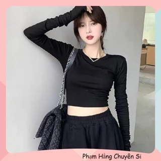 Áo croptop cổ tròn tay dài nữ ôm body chất thun co giãn tốt