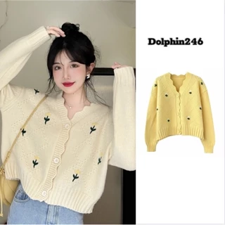 Áo khoác len croptop tay dài áo cadigan cardigan khoác ngoài họa tiết hoa cúc nhí phong cách Hàn Quốc G-19