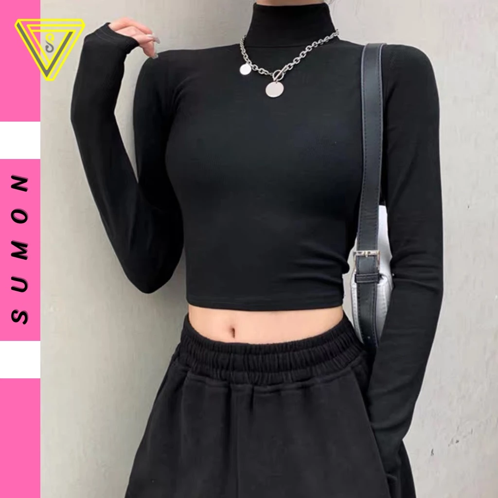 Áo Croptop TAY DÀI CỔ LỌ Kiểu Sexy Nữ Thun Gân , Áo Thun Ôm Body Trơn Co Dãn Tốt - SUMON SHOP