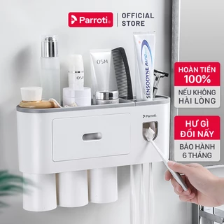 Bộ Nhả Kem Đánh Răng Thông Minh, kệ để đồ phòng tắm, bộ lấy kem đánh răng thông minh Parroti Morning