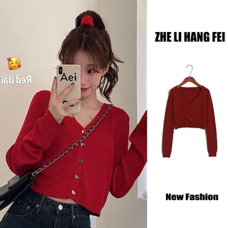 Áo cardigan ZHELIHANGFEI dệt kim tay dài cổ chữ V eo cao phong cách quyến rũ