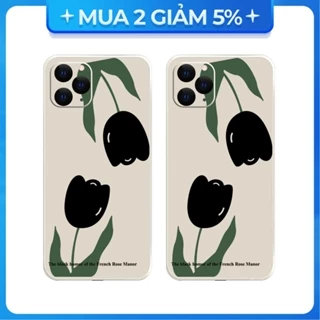 Ốp lưng cạnh vuông Iphone 7G/XR/11 Pro/12/14/14 Plus/....viền bảo vệ camera hình Tulip đen