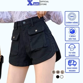 Quần short Denim lưng cao túi hộp Xquin, Quần đùi nữ dáng chữ A khoét 2 bên cực tôn dáng