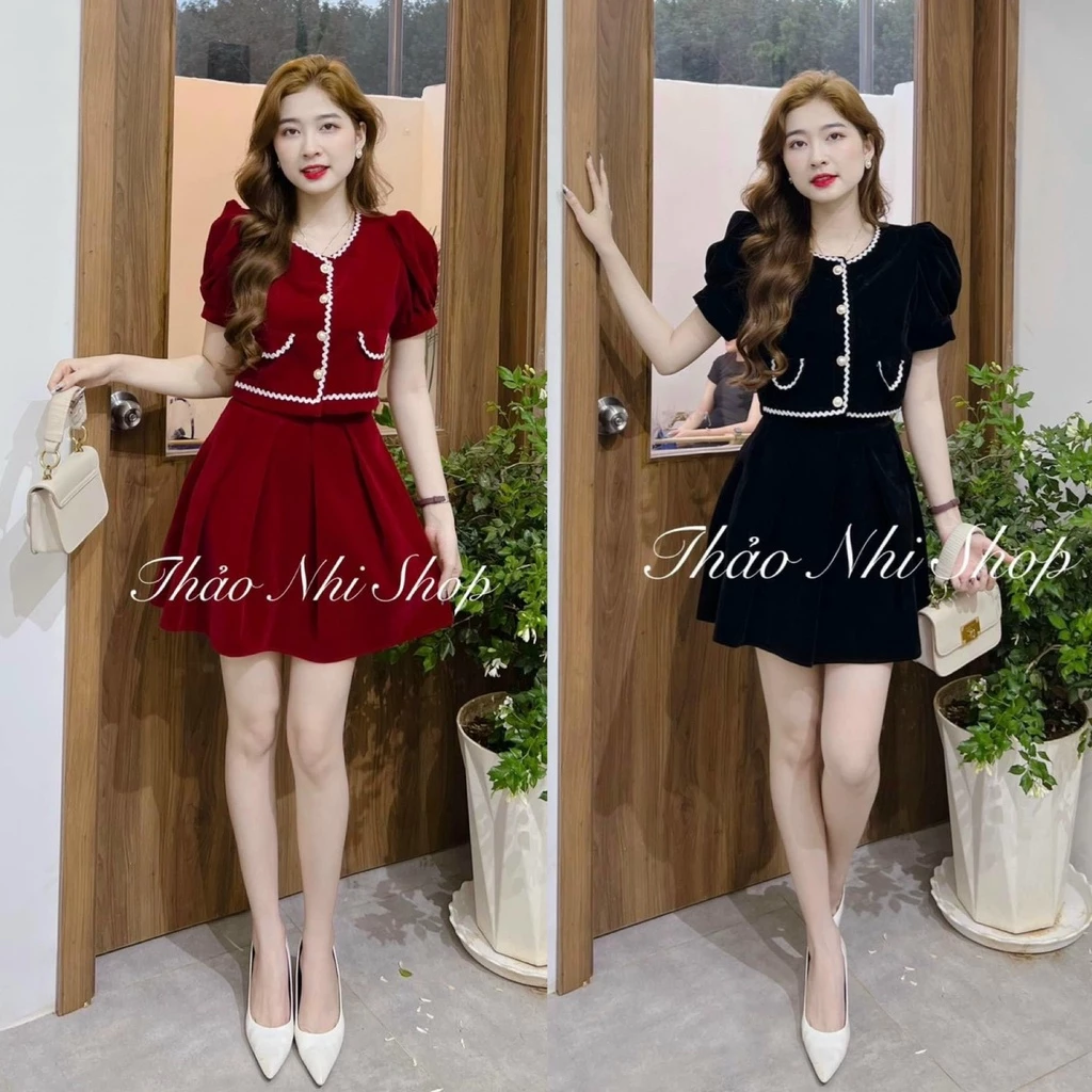 Set bộ đồ nữ áo croptop phối viền mix chân váy xếp ly chữ A dành cho các nàng noen, dạo phố siêu xinh, cute