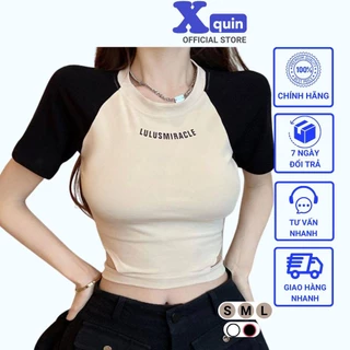 Áo croptop nữ ngắn tay phối màu khoét eo Xquin, Áo kiểu nữ cổ tròn in chữ trước ngực ôm body siêu tôn dáng