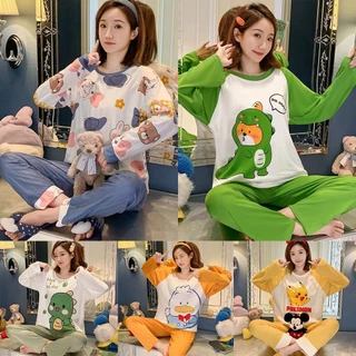 Bộ Đồ Ngủ Pijama Tay Dài Cổ Tròn In Họa Tiết Hoạt Hình Dễ Thương Thời Trang Cho Nữ size M-5XL Plus