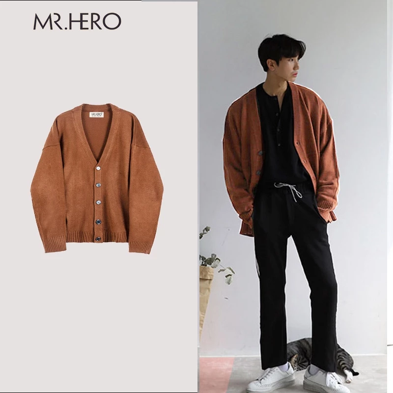 Áo khoác len cardigan nam cổ chữ V  M.RO CD04 dài tay thu đông 2023 màu nâu đen form rộng phong cách Hàn Quốc Mrhero