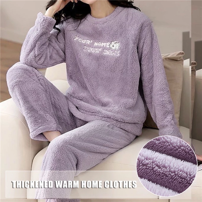 Bộ Đồ Ngủ Nữ - Pijama Quần Áo Mặc Ở Nhà Dài Tay Vải Nhung Bông Mùa Đông Xuân Thu