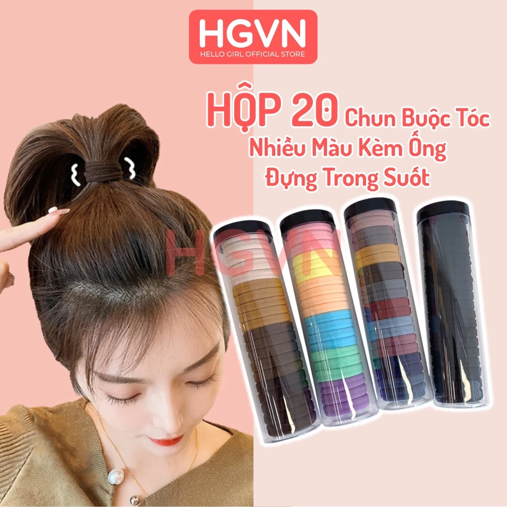 HỘP 20 Chun Buộc Tóc HGVN Nhiều Màu Sắc, Dây Buộc Tóc Trơn Kèm Ông Đựng Trong Suốt