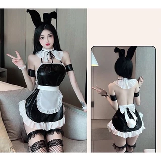 Bộ ngủ cosplay thỏ da có tạp dề hot hit( không kèm đuôi thỏ)