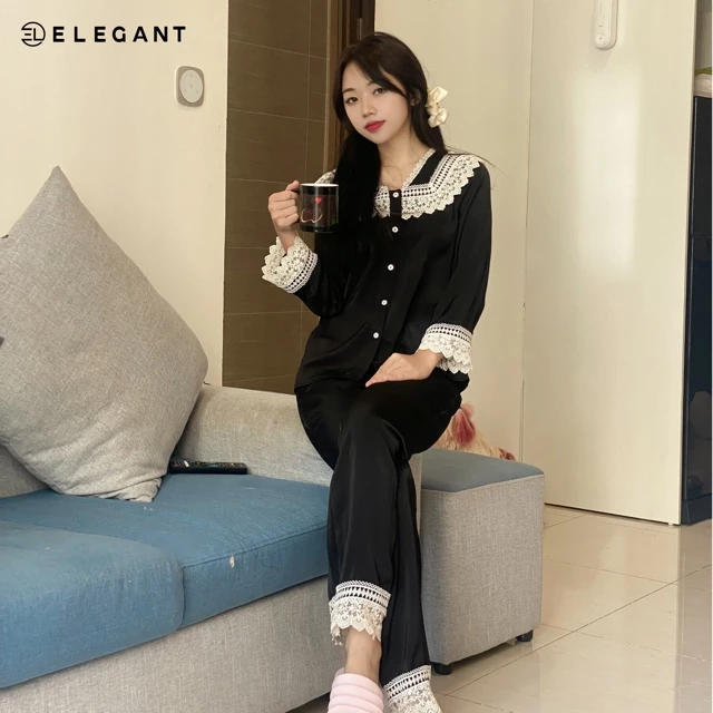 Bộ ngủ lụa dài tay pha ren mềm mại, bộ mặc nhà tiểu thư sang chảnh, set đồ cao cấp quyến rũ (EL2202)
