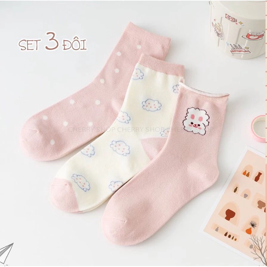 [VỚ LÀ TẤT] TẤT CỔ CAO MÀU HƯỜNG HỌA TIẾT ĐÁNG YÊU CHẤT LIỆU COTTON