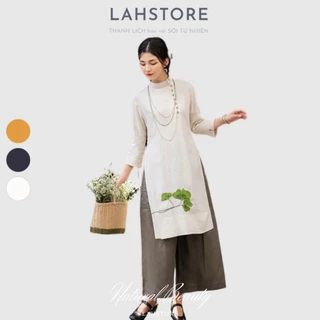 Áo dài cách tân nữ 2 tà tay lỡ LAHSTORE vải linen, cúc lệch, thêu hoa (Trắng, Xanh Than, Vàng)