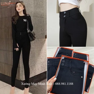 Quần legging cạp cao nữ ôm body 2 khuy hm dáng quần legging giả jean kaki đen dài vải umi dày co giãn gen bụng nâng mông