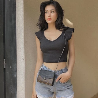 Áo croptop nữ tay ngắn HHVINTAGE kiểu cổ tim cuốn biên thun co giãn Top A106