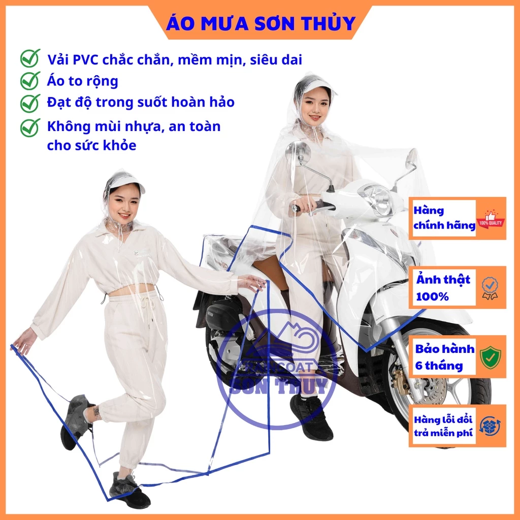 Áo mưa trong suốt Sơn Thủy vải dày, to rộng PVC freesize_ áo mưa trong phù hợp lai trẻ em