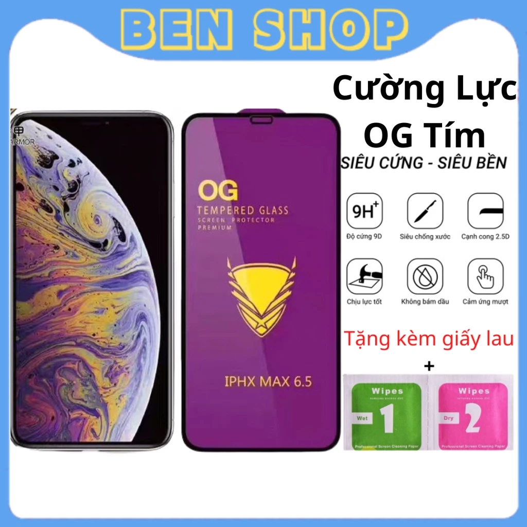 Kính Cường Lực OG Tím cho iphone Full Màn 7Plus/8Plus/X/Xs/XsMax/11/11Pro/11ProMax/12ProMax/13/13ProMax/14/14Pro/ProMax