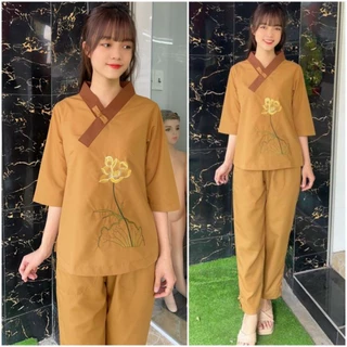 CÓ BIGSIZE 3XL set bộ nữ katê 1 nút thêu hoa đủ màu đồ lam đi chùa