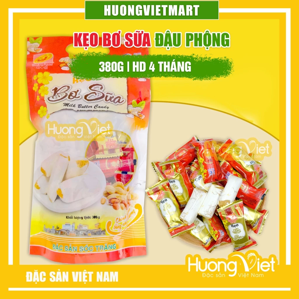 Kẹo kéo hay kẹo dồi lạc vừng, Kẹo bơ sữa đậu phộng cao cấp Tân Huê Viên 380g, giòn thơm đậm đà vị đậu