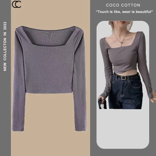 Áo croptop nữ thun tay dài COCOCOTTON cổ vuông cao cấp CC08