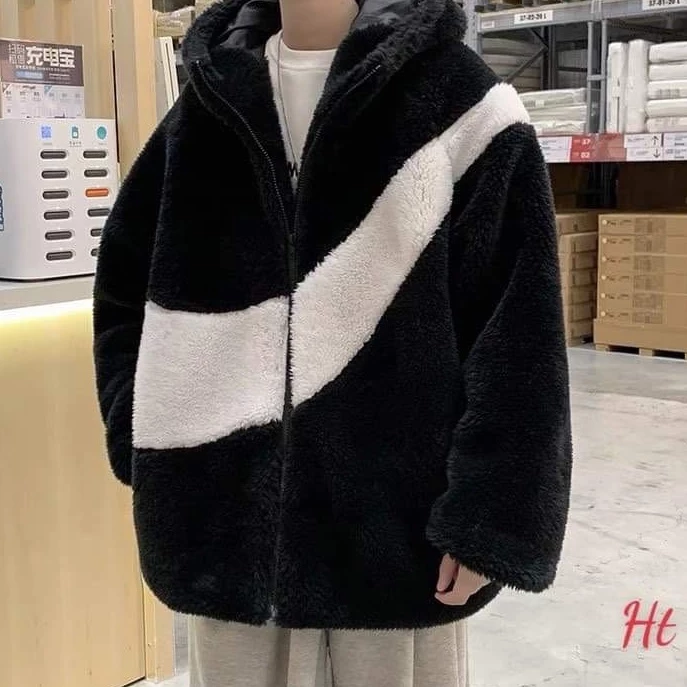Áo khoác lông cổ cao họa tiết hình vảy phom rộng unisex r4