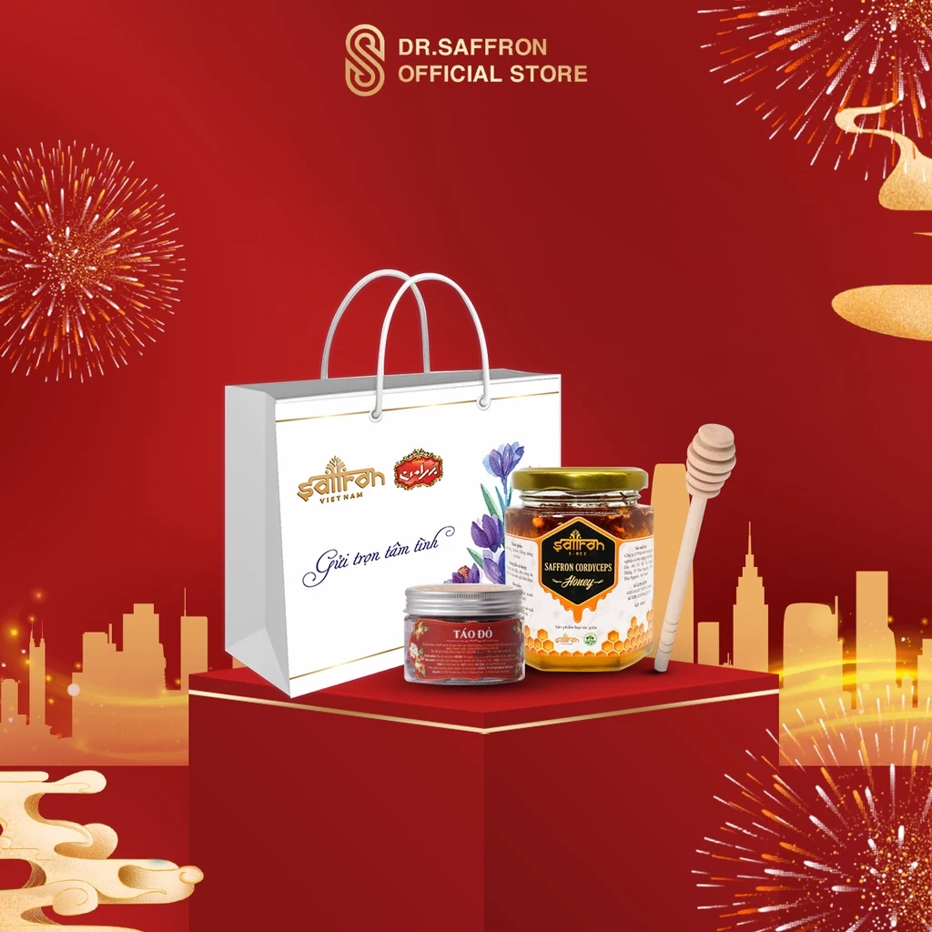 Quà tặng trung thu sức khỏe, quà tặng mẹ Mật ong ngâm saffron đông trùng hạ thảo thương hiệu Saffron Việt Nam và trà táo