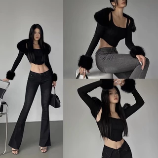 Áo 2 dây croptop + áo choàng dài tay đính lông chic ulzzang SAM SAM BOUTIQUE