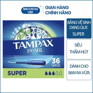 Băng vệ sinh Tampons siêu thấm Tampax Pearl Super 3 giọt - Hàng nhập Mỹ hộp 36 miếng (Có bán lẻ)