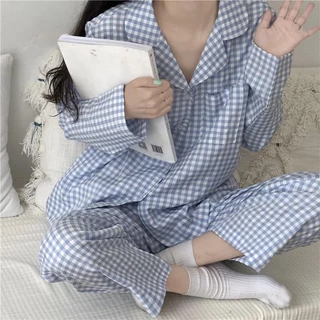 Bộ đồ ngủ nữ pijama dài tay chất cotton họa tiết kẻ karo phong cách Hàn Quốc - PJ01