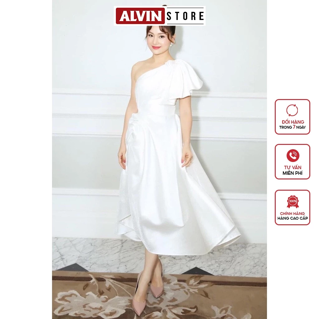 Đầm xòe dáng dài lệch vai tay bèo xoắn eo ALVIN STORE 1552